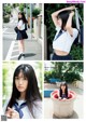 A collage of photos of a girl in a school uniform.