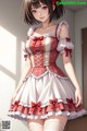 A woman in a red and white dress with a red bow.
