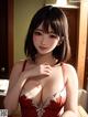 A woman in a red lingerie posing for the camera.